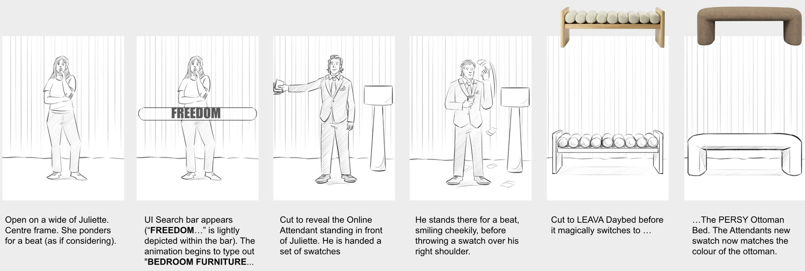 Storyboard page for the bedroom set, from first pose to the caterpillar and butterfly reveal