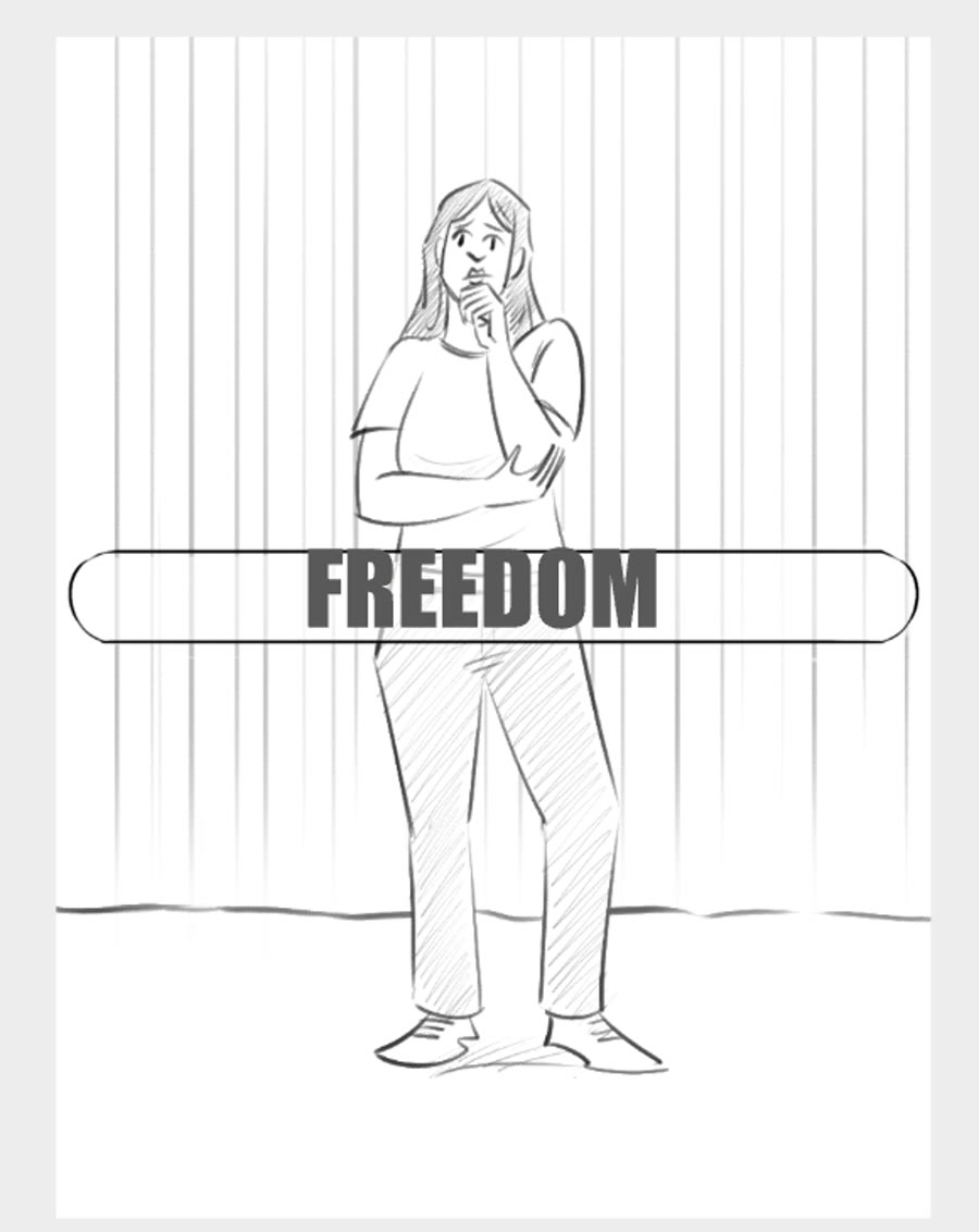 Storyboard panel, the FREEDOM search bar sketched over Juliette