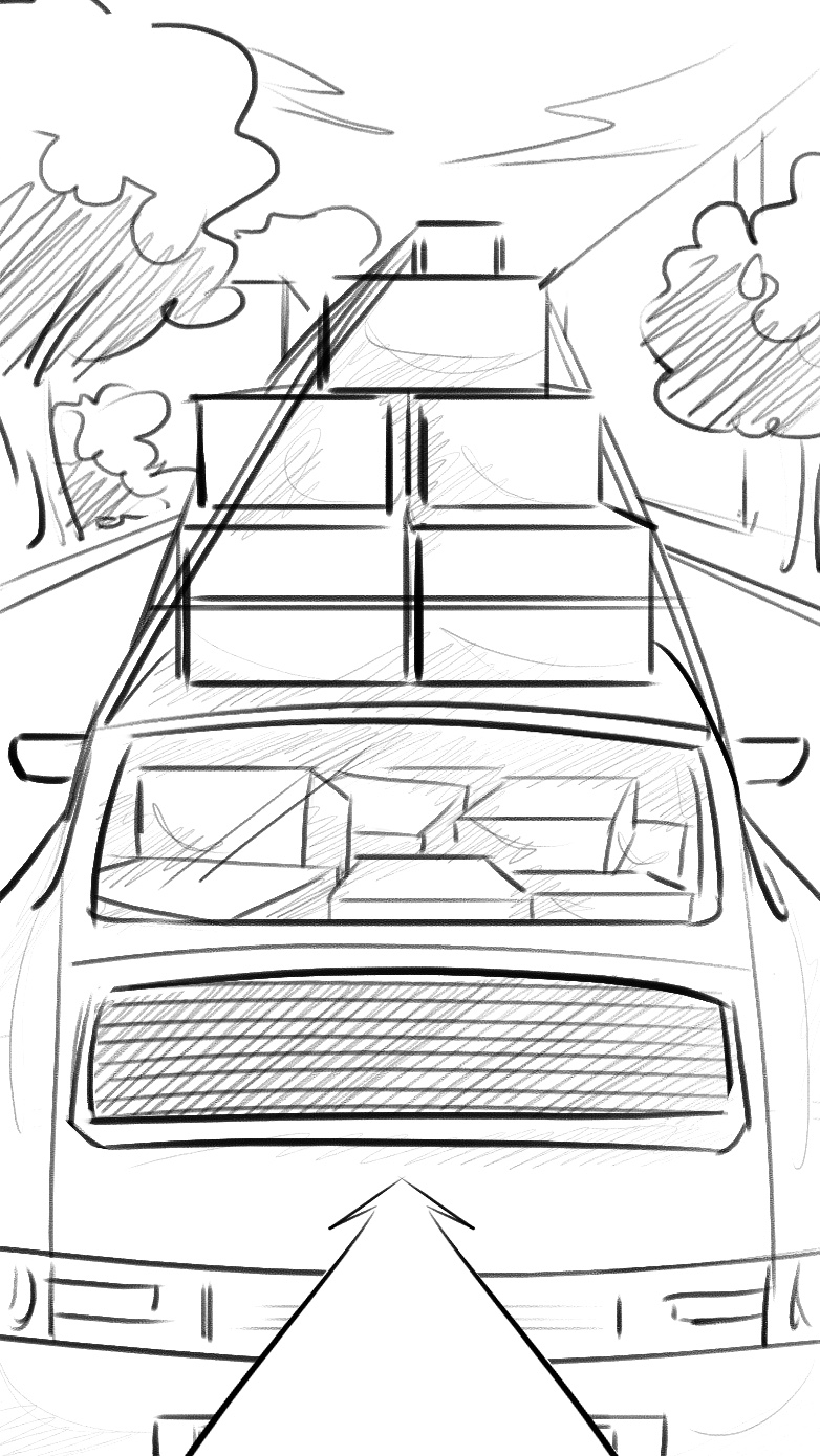 AEOS storyboard, shot 63, the loaded car heads home